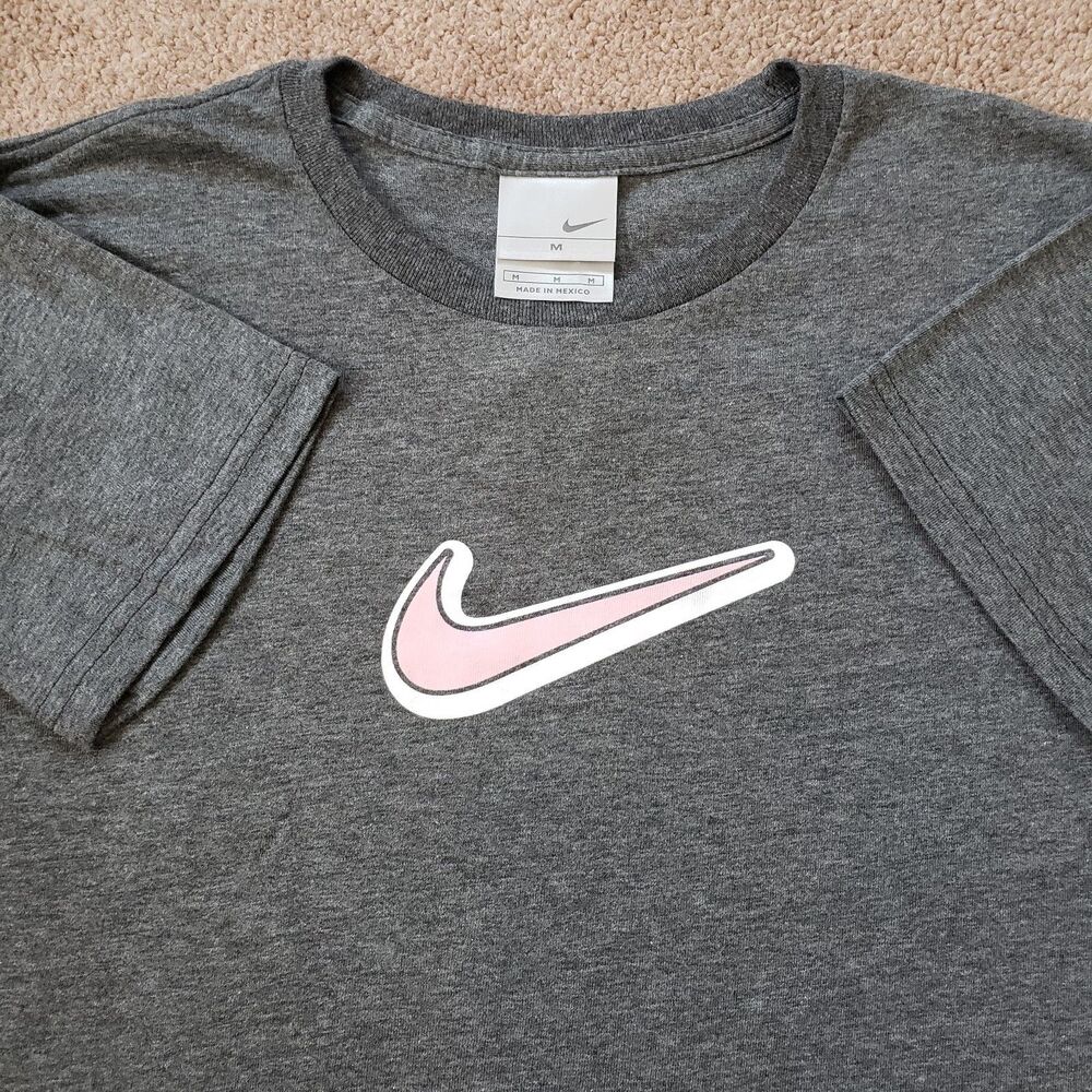 Vintage Y2k Nike Gray Tag Center Check  Logo T-shirt  Dark Grey Pink Size Medium